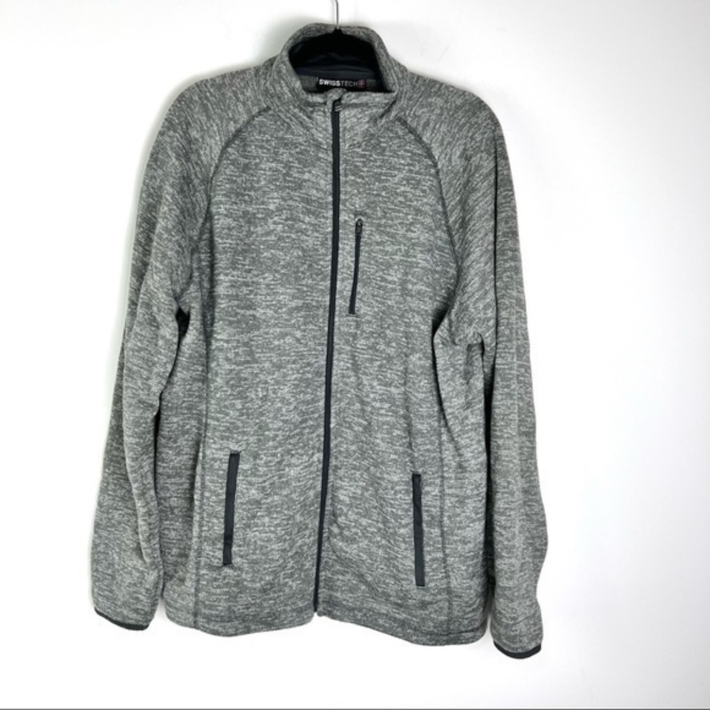 Swisstech Mens Fleece Jacket Gray Space Dye Zipper Pockets Mock Neck L